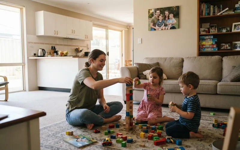 A babysitter reading a book with two young children on a rug at home in the evening