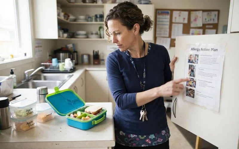 A staff member checking a written allergy and medical action plan pinned inside a child care kitchen or office
