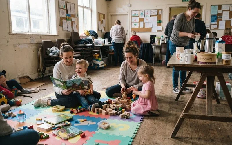 Parents and young children participating in a free community playgroup session in a Perth community centre