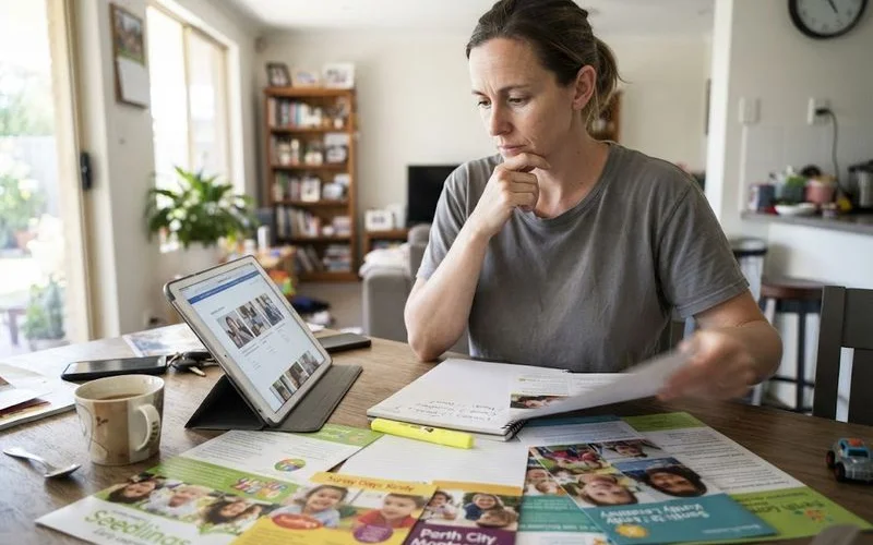 A parent comparing several child care agency profiles side by side on a laptop showing a Perth directory website