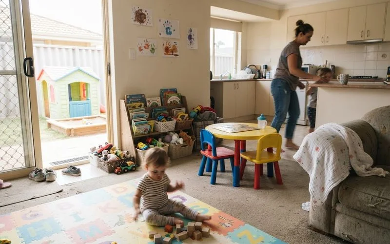 A family day care educator sitting on the floor with a small group of toddlers playing with wooden blocks in a home setting