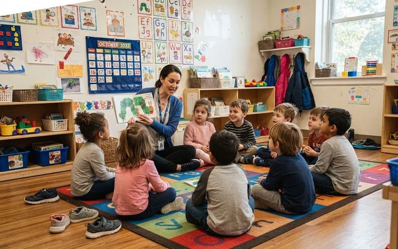 Preschool-aged children sitting on a mat during a structured group activity with an educator at a Perth kindergarten program