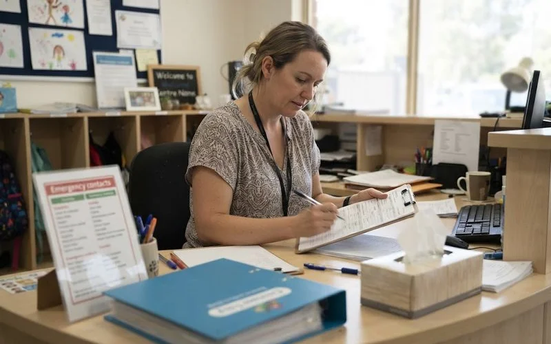 A parent filling out a registration form on a laptop with emergency contact and child information ready in advance