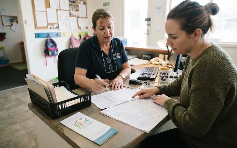 A parent and educator reviewing a fee schedule and enrolment paperwork together at a Perth child care centre reception desk