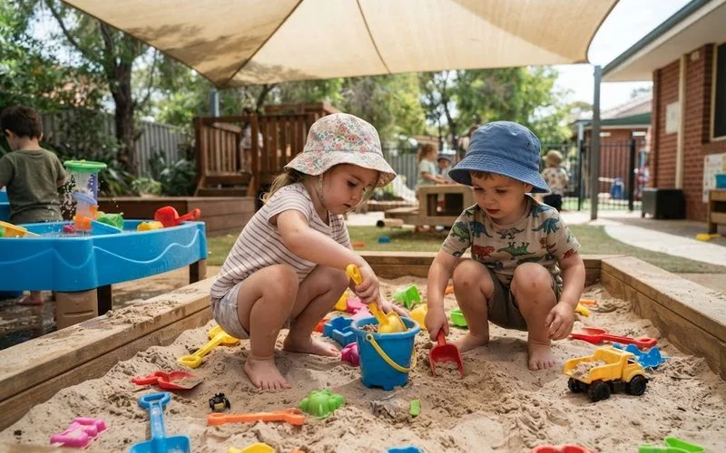 Children wearing broad-brimmed hats playing in a shaded outdoor play area at a Perth child care centre