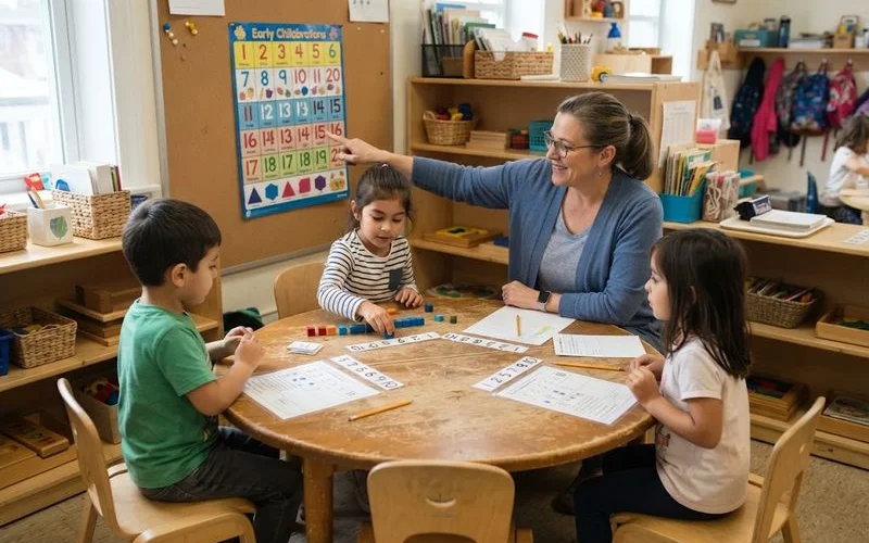 Children doing a structured craft activity at a table with an educator at a Perth early learning centre