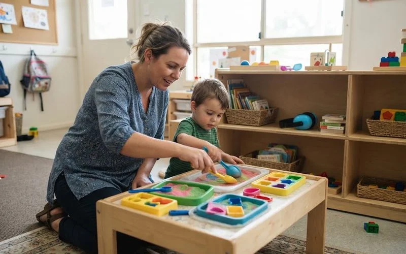 An educator sitting alongside a child using adaptive equipment during a supported play activity