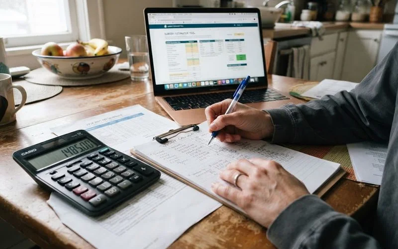 A parent sitting at a kitchen table with a laptop working through a child care subsidy and family budget calculation